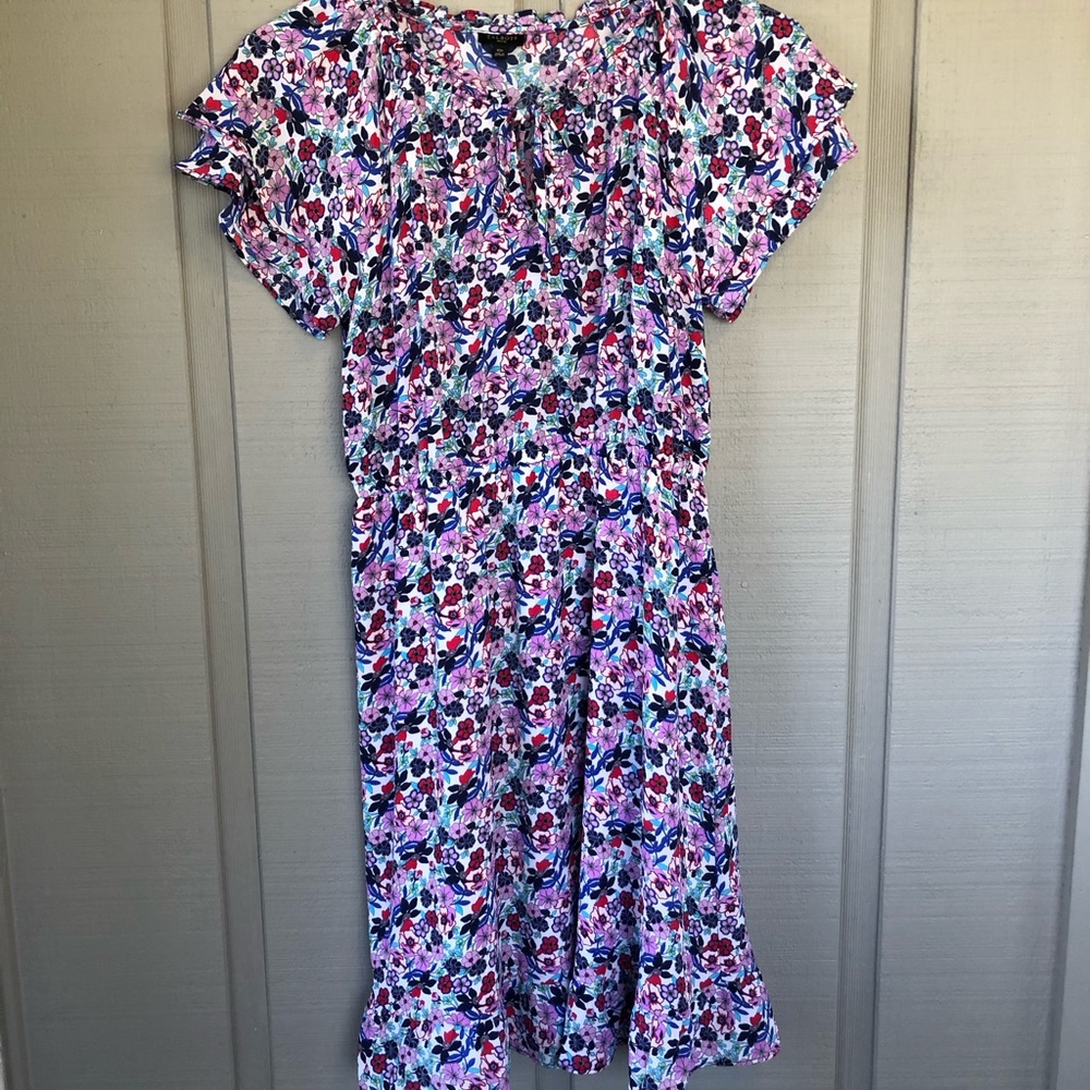 Talbots Paradise Floral Popover Dress Double Flutter Sleeves Ruffle Hem 10P